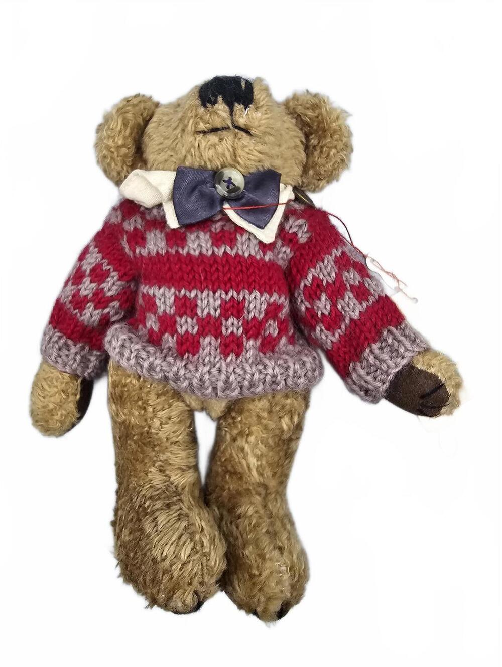 Vintage Style Teddy Bear with Red Knit Sweater and Bow Tie